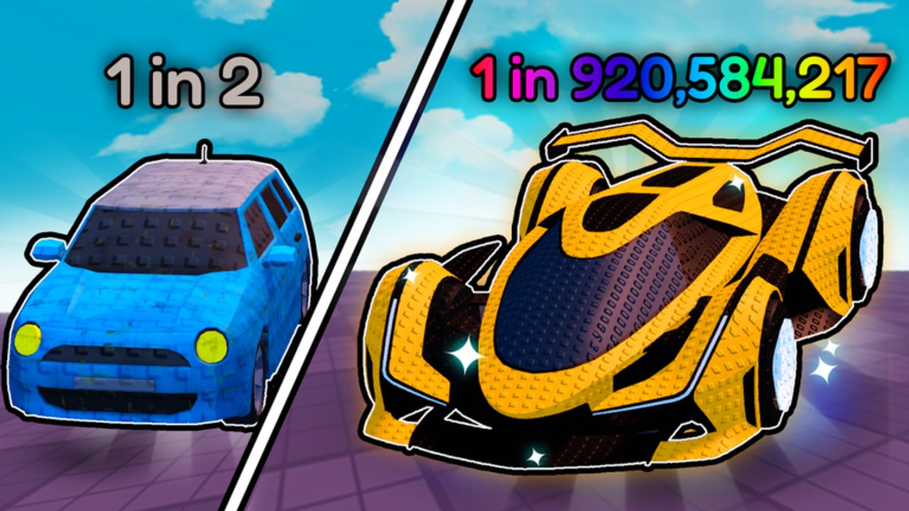 Build A Car Empire rarity split showing a common Kooper versus a 1 in 920 million Exotic hypercar