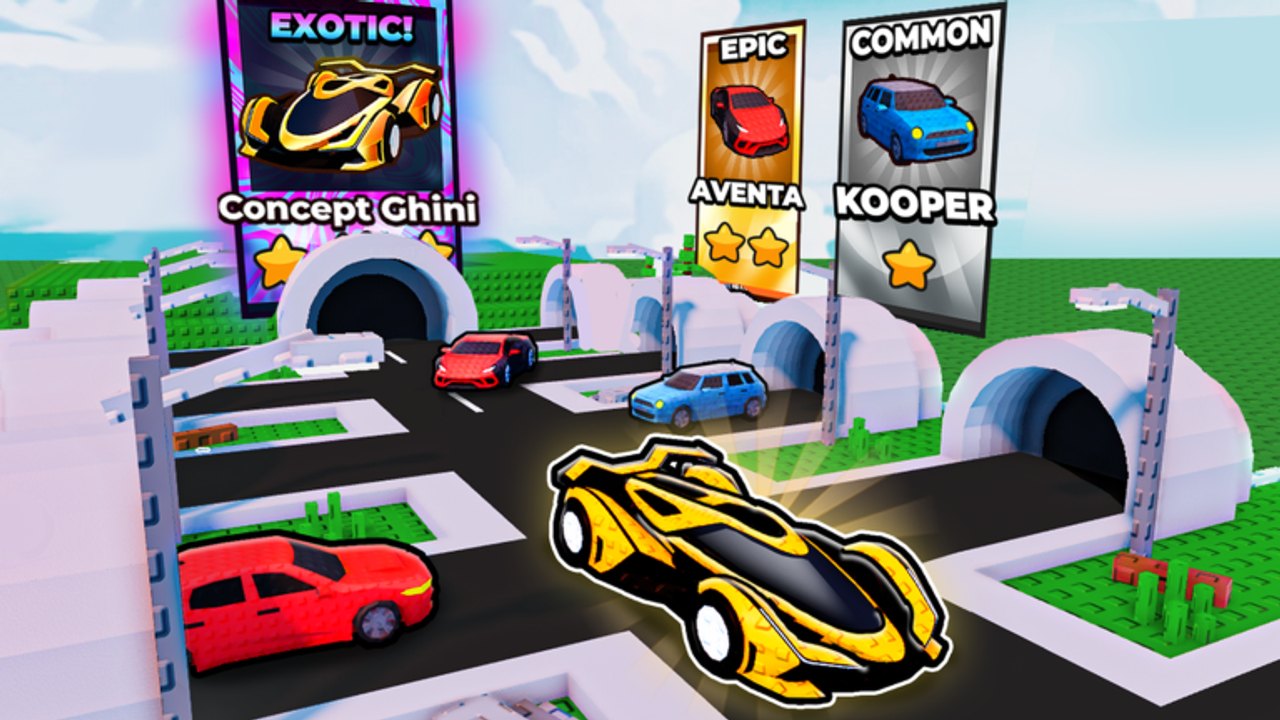 Build A Car Empire crate lot with Common Kooper, Epic Aventa, and Exotic Concept Ghini banners